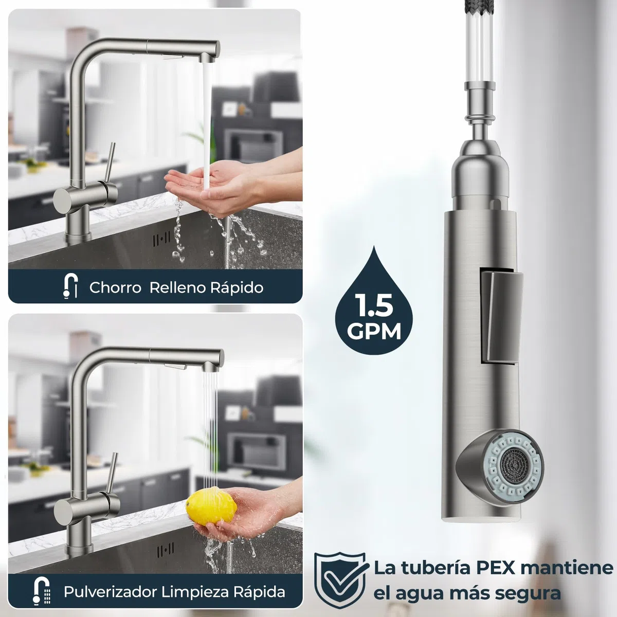 FORIOUS Grifo Cocina, Grifos Cocina Extraible con Giro 360°, Torneira Cozinha Monomand Giratorios de 360° y Rociador de Doble Función, Acero Inoxidable