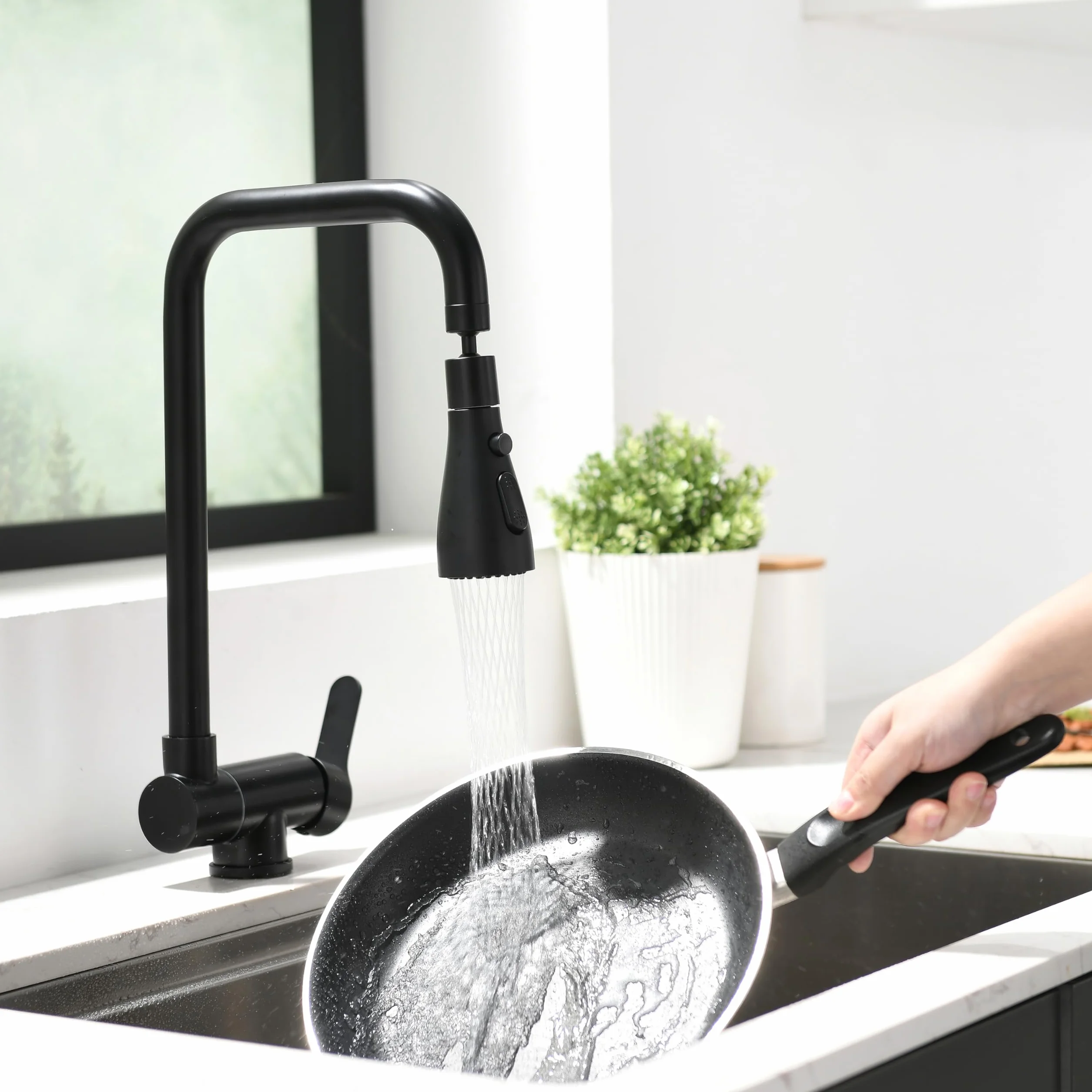 Grifo Cocina Abatible 3 Modos Descarga Agua, Grifo Fregadero Plegable Monomando Acero Inoxidable 304 Negro